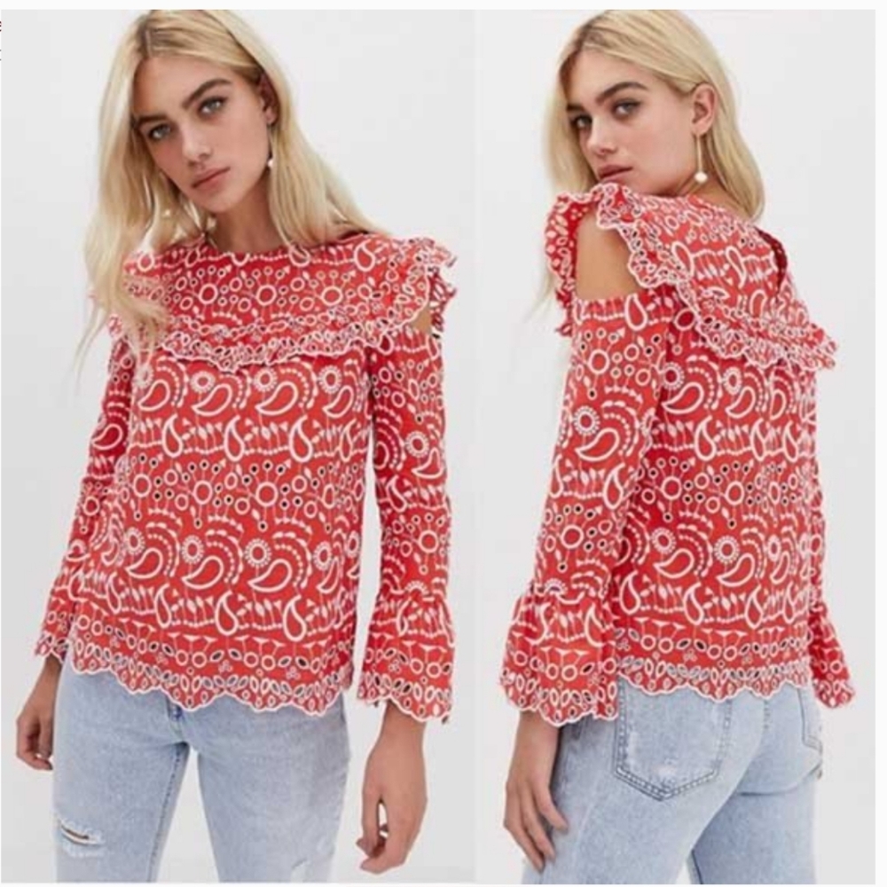 River Island Red & White Eyelet Top